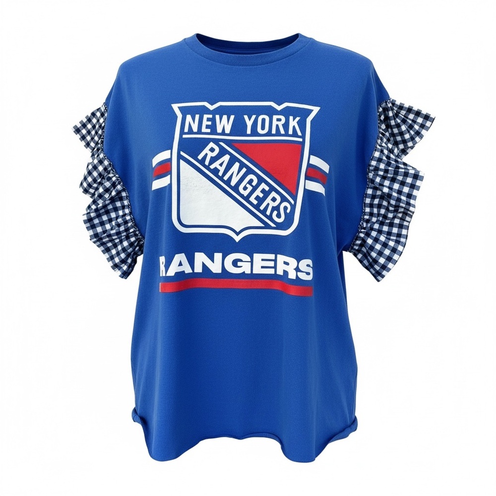 NY Rangers Blue Tee with Checkered Ruffle Sleeves Handmade Upcycled Vintage